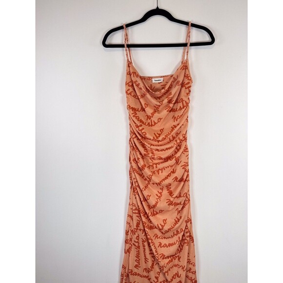 Nanushka Womens Dress Orange Alexa Scribble Logo Midi Bodycon Ruched Cami Small - Picture 6 of 12